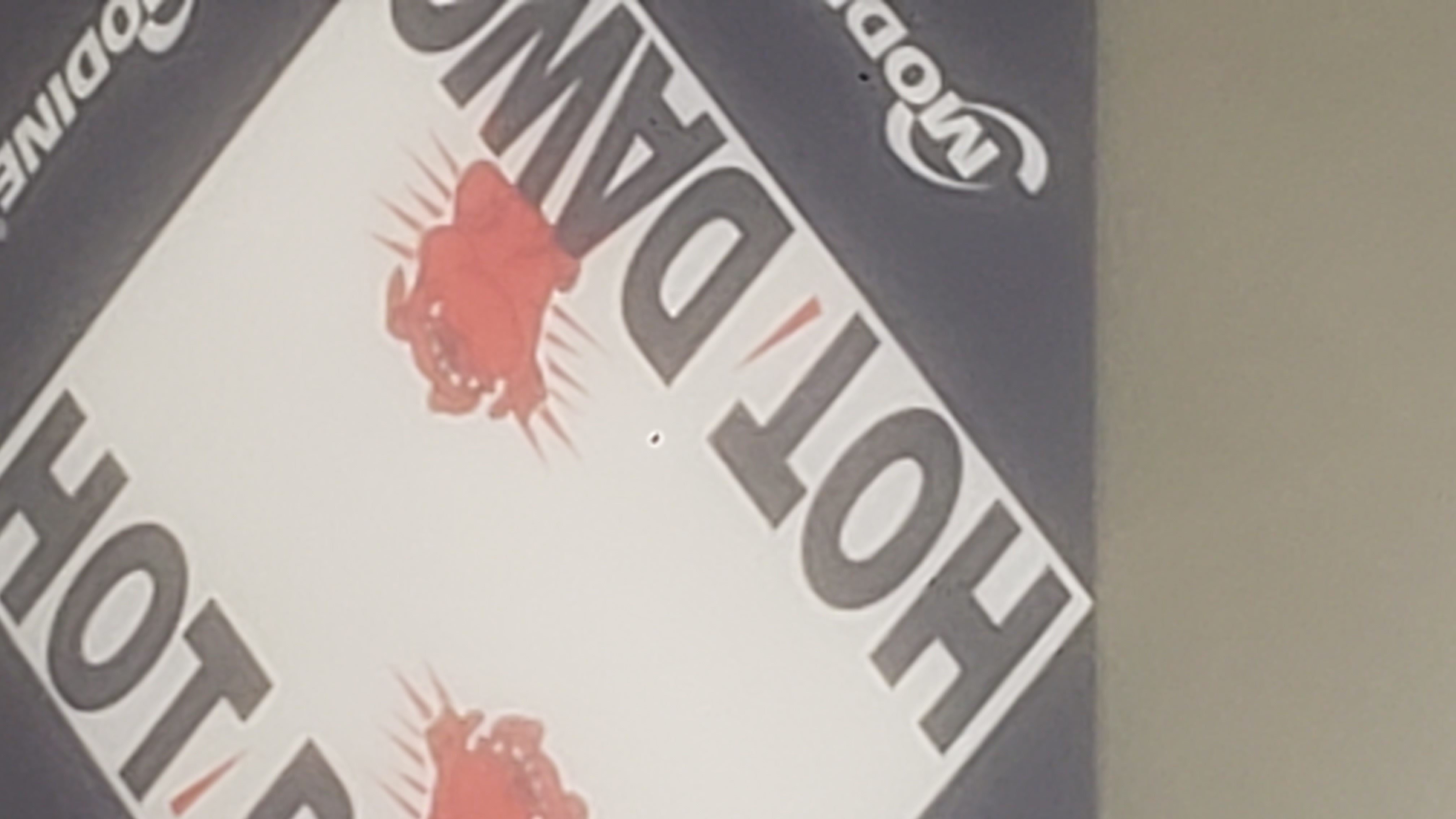 Zoomed in hot dawg logo with their red dog mascot.
